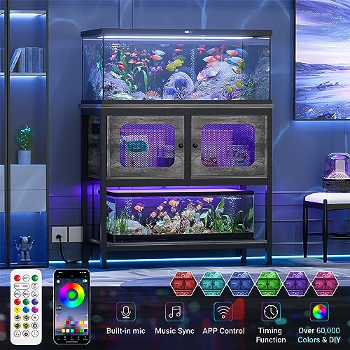 40-50 Gallon Fish Tank Stand with LED Light and Outlet, Heavy Duty Metal Aquarium Stand with Cabinet and Accessories Storage, Reptile Tank Turtle Terrariums Table Stand Hold 880LBS, Grey Oak