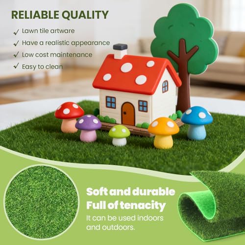 4 Packs 6x6 Inch Cuttable Artificial Grass Squares, Realistic Fake Grass Mats, Mini Craft Turf Tiles for Fairy Garden Accessories, Dollhouse Decor, DIY Craft and Diorama Supplies