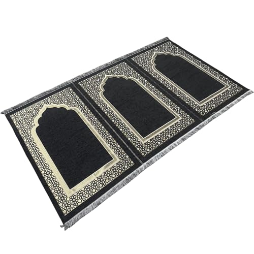 Modefa Turkish Islamic Prayer Mat - Wide Chenille Praying Mat - Multi Person Muslim Janamaz Sajada for Family - Large Gathering & Group Praying Carpet - Selcuk Star 3 Person (Black) - color: Black