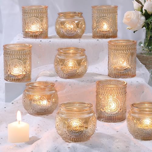 DARJEN 12Pcs Gold Votive Candle Holders - Glass Candle Holder for Table Centerpiece, Tea Lights Candle Holders for Home, Party & Wedding Shower Decoration - color: Gold, size: 12 PCS