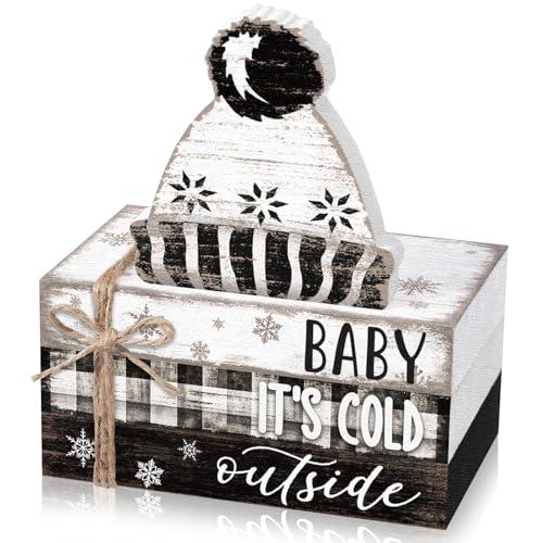 Geelin 4 Pcs Winter Tiered Tray Decorations Wooden Book Stack Signs, Rustic Farmhouse "baby It's Cold Outside" Holiday Winter Decor for Table Shelf Mantel Entryway Home Decorations - style: Winter Knit Hat