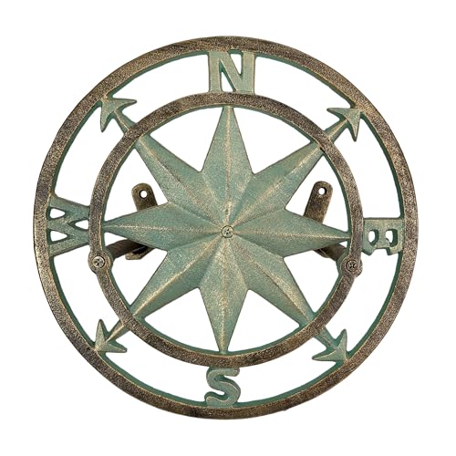 Verdigris Green Finish Cast Iron Nautical Compass Rose Wall Mounted Decorative Hanging Garden Hose Hanger - Hose Holder Organizer for Outdoor Spaces - 12 Inches in Diameter | Nautical Round Face, Holds Approximately 75 Feet, 5.5 Inch Deep, Bolts and Ancho