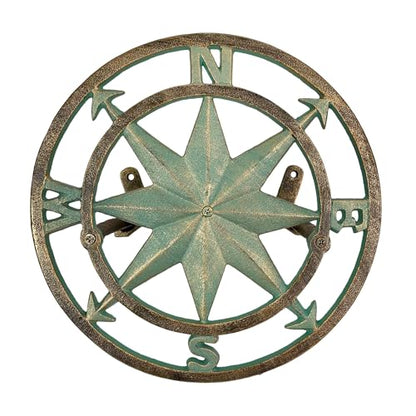Verdigris Green Finish Cast Iron Nautical Compass Rose Wall Mounted Decorative Hanging Garden Hose Hanger - Hose Holder Organizer for Outdoor Spaces - 12 Inches in Diameter | Nautical Round Face, Holds Approximately 75 Feet, 5.5 Inch Deep, Bolts and Ancho