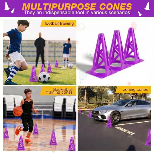 24 Pack Soccer Cones, 9 Inch Agility Cones for Soccer, Football, Basketball, Cones for Sports Training, Speed & Agility Drills, Field Marking Equipment - color: purple