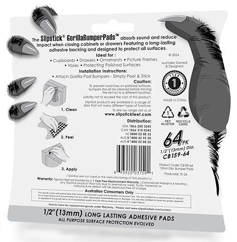 Slipstick GorillaBumperPads Premium 1/2” Rounds Adhesive Non Slip Pads/Bumpers (64 Gripper Dots) Perfect Grips for Small Items/Décor, Cabinet Stoppers, Drawer/Door Bumpers, Glass/Picture Frame Pads - size: 1/2" Round