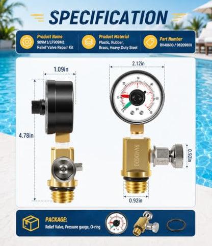98209800 High Flow Manual Relief Valve/Air Relief Manual Valve Assembly with Pressure Gauge, Replacement for Pool and Spa Filter (RV40600 (98209800 brass)) - style: RV40600 (98209800 brass)