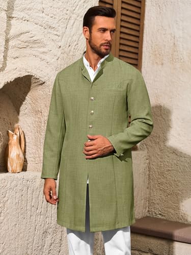 Runcati Mens Kurta Coats Indian Mandarin Collar Attire Ethnic Outfits Wedding Festive Party Clothing Casual Kaftan Robe - color: Army Green, size: Medium