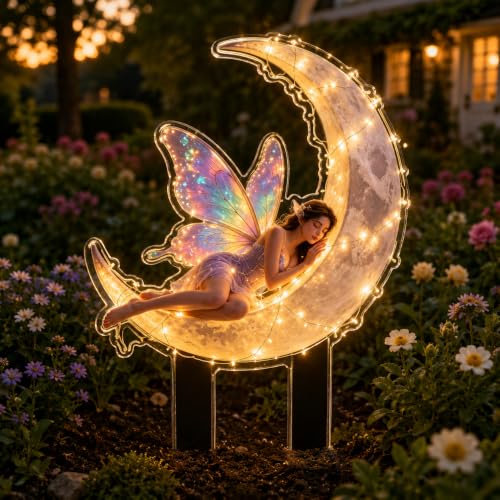 Moon Fairy Garden Stake Light, 20cm Acrylic Luminous Crescent Yard Decor, 1 Pack Waterproof LED String Light Outdoor Lawn Ornament, Fantasy Iridescent Wing Sleeping Elf Sign for Patio Path Backyard