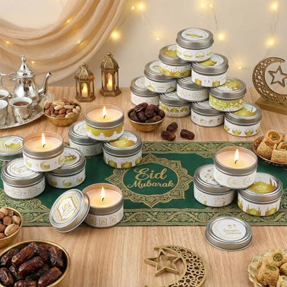 MTLEE 20 Pcs Ramadan Mubarak Scented Candles Bulk, 1 oz Eid Wax Candles, Muslim Islam Meditation Decor, Islamic Ramadan Gifts for Family Home Eid Celebration Party Favor, Assorted Scents(White Gold) - style: White Gold