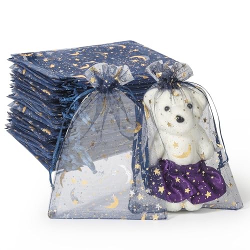 100 Pieces Moon Star Organza Bags, 4x6 Inch Random Color Organza Pouch Small Gift Bags with Drawstring for Christmas Party Favors Wedding Valentine's Day Ramadan Eid and Eid Al Adha Goodie Bags - color: navy