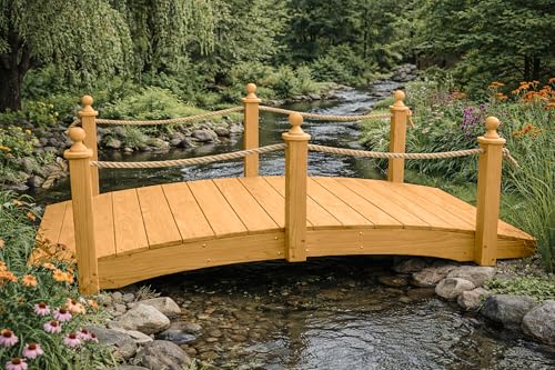 8 FT Oak Amish Rope Rail Garden Bridge, Pinewood - size: 8 FT Bridge & Rope