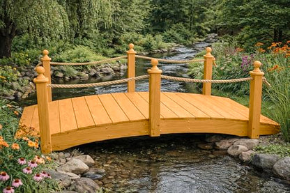 8 FT Oak Amish Rope Rail Garden Bridge, Pinewood - size: 8 FT Bridge & Rope