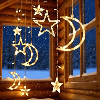 Moon Stars Solar String Lights for Outdoor, Christmas Decorations Curtain Lights with Remote Control and USB Backup Charger, Automatic ON-Off, IP65 Waterproof, Warm Yellow