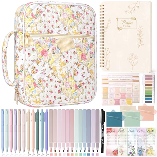 XKDOUS Bible Cover Case for Women Bible Bag Journaling Kit w/Study Supplies - color: Patchwork Gold With Journal, size: XL