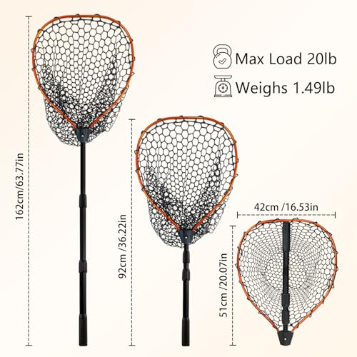 Telescoping Metal Lock Fishing Net Blue Aluminum Alloy Rubber Fish Net - Adjustable Length Lightweight Foldable Large Fishing Net with Handle Collapsible Extendable Fishing Accessories - color: Orange:3-section pole|length:63.7"