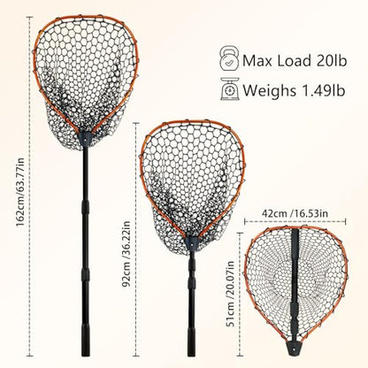 Telescoping Metal Lock Fishing Net Blue Aluminum Alloy Rubber Fish Net - Adjustable Length Lightweight Foldable Large Fishing Net with Handle Collapsible Extendable Fishing Accessories - color: Orange:3-section pole|length:63.7"