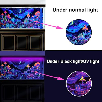 72X18IN Blacklight Mushroom Flower Black Light Aquarium Background, UV Fish Tank Background Moonlight Mountain Forest Landscape Terrarium Background with 10 EVA Double-Sided Tape - size: 72X18in/180X45cm