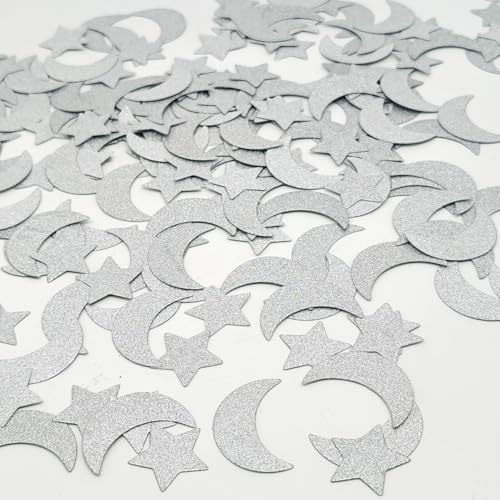 CC wonderland zone Silver Glitter Star Moon Confetti, 200Pcs 1.2 Inch Double Sided Shiny Table Scatter for Ramadan Eid Wedding Baby Shower Birthday Party Decorations - color: Silver