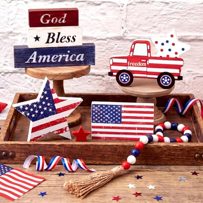 Yousoontic 7 Pcs 4th of July Tiered Tray Decor Set, Patriotic Wooden Table Decorations with Bead Garland, Rustic Farmhouse USA Independence Day Decor for Kitchen, Tabletop, Mantel - style: 4th of July