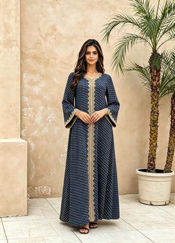 Women Muslim Abaya Dress V Neck Embroidered Kaftan Long Sleeve Loose Islamic Maxi Prayer Robe for Ramadan Eid - color: Navy Blue, size: XX-Large