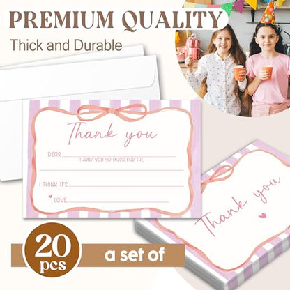 Kids Thank You Cards with Envelopes, Pink Ribbon Theme Fill in the Blank Thank You Notes for Kids, Toddler Stationery Set, Ideal for Birthday Party, Graduation & School Gag Gifts - B05 - color: Pink Ribbon Style