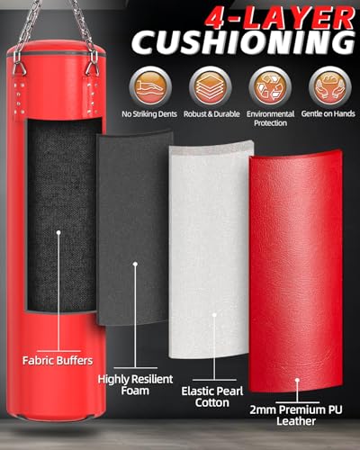 Punching Bag for Adults, 4ft PU Heavy Boxing Bag Set 12OZ Gloves for MMA Muay Thai Kickboxing Training Home Gym, Martial Art (Unfilled) - color: Red