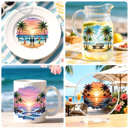 Peacoblue Seaside Summer Rub On Transfers for Craft, Transfer Sticker | 18 Sheets UV DTF Transfers, Waterproof Rub On Decals for Wood, Glass, Furniture, Tumblers & Home Decor Crafts - style: Seaside Summer Scenery