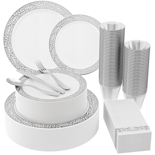 JOLLY CHEF 30 Guests Plastic Plates Set With Silver Rim Dinnerware Set - color: SILVER-210pack