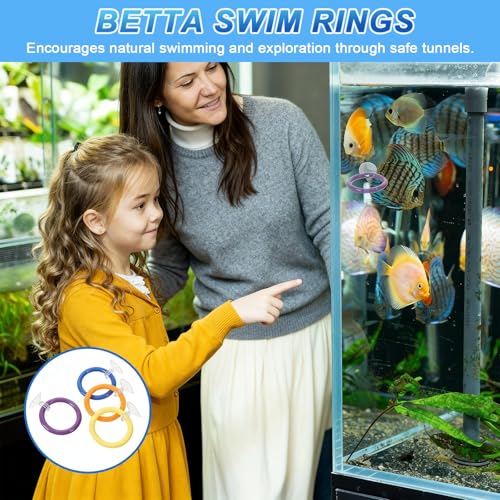6 Pcs Betta Fish Toys, 4 Betta Rings, 1 Aquatic Plant & 1 Training Mirror, Betta Enrichment Toys for Betta Tank, Aquarium Interactive Play