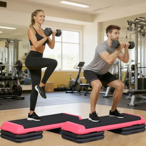 F2C 43 inch Aerobic Exercise Step Platform Adjustable Height Stepper Exercise Workout Step Bench with 4 Risers 4" - 6" - 8" Large Fitness Exercise Stair Step for Home Gym Fitness Training - color: Rose Pink