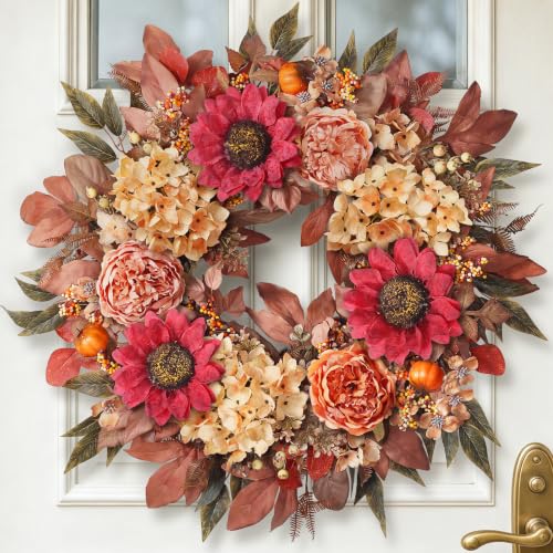 24"Fall Artificial Wreath with Sunflower Peony for Front Door Decor(Orange)