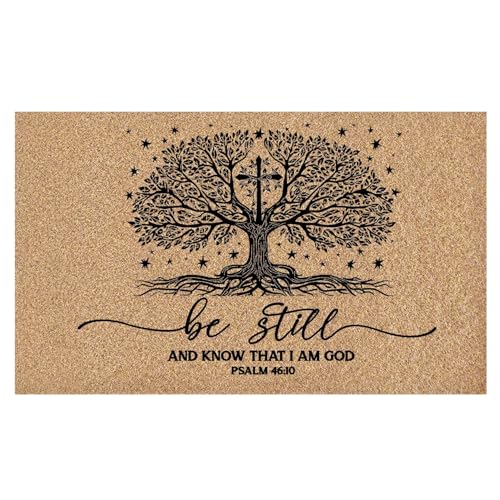 Christian Welcome Door Mat, Be Still and Know That I Am God Bible Verse Tree Decorative Artificial Coco Coir Doormat for Indoor Outdoor Porch Front Door Entrance Outside, 17x30 in - color: Light Brown