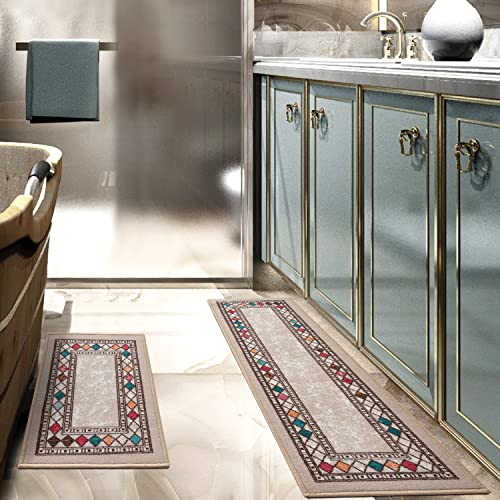 Antep Rugs Alfombras Modern Bordered 2pc Non-Skid (Non-Slip) Low Profile Pile Rubber Backing Indoor Kitchen Runner Rugs (Beige, 2pc Set) - color: Beige, size: 2pc Set