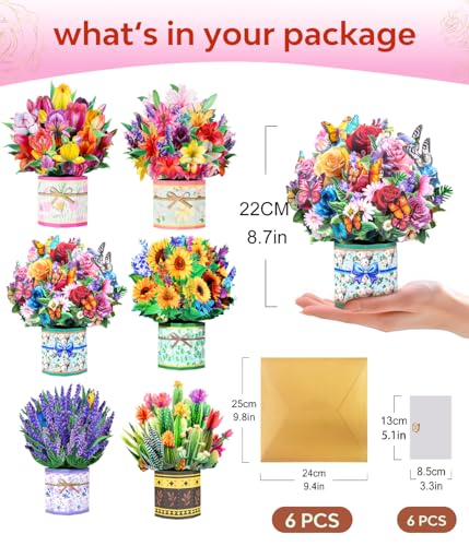 Pop Up Flower Bouquet Card Set for Women – 6 Unique 3D Floral Designs with Envelopes & Separate Blank Note Cards, Forever Rose, Sunflower, Tulip Gift for Mother's Day, Get Well, Birthday, All Occasions - style: Tulip, Sunflower, Roses, Lily, Lavender, Suc