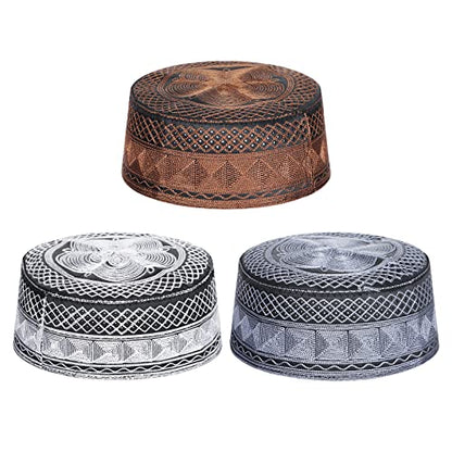 Mens Muslim Hat Islamic Prayer Cap, Muslim Eid Prayer Embroidered Kufi Fat Ramadan Mosque Arab Indian Prayer Cap - color: Dark Brown