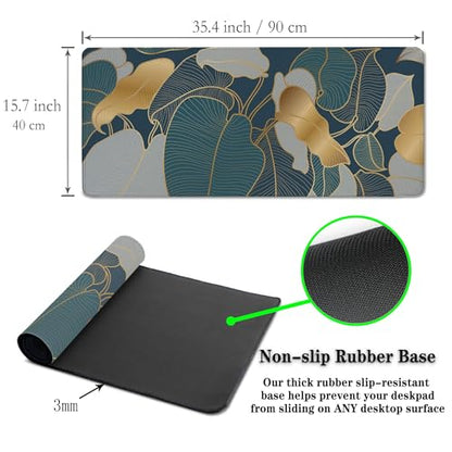 Mouse Pad for Women Gold Blue Desktop Pad Gaming Mouse Pads Large Mousepad Office Pad Waterproof Non-Slip Rubber Base 35.4" X 15.7" for Game Office, Precious Leaves of The Jungle - color: Precious Leaves