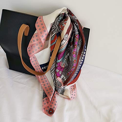 FONYVE Silk Feeling Scarf Medium Square Satin Head Scarf for Women 27.5 × 27.5 inches - color: 01 Pink Edge