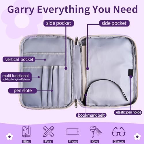 Bible Cover Case for Women Large Bible Cover for Girls Bible Study Supplies Accessories with Handle and Shoulder Strap | Durable - color: Flower-purple