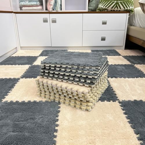 12pcs Carpet Squares Puzzle Floor Mat, Plush Interlocking Carpet Tiles, Anti Slip EVA Foam Jigsaw Floor Tiles, Build A Safe Area for Bedroom Playroom (Beige+Grey) - color: Beige+grey