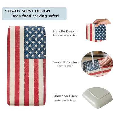 KINGEN American Flag Serving Platter, Rectangular 15inch Serving Dishes Set of 2 for Entertaining, Durable & Dishwasher Safe, Bamboo Serving trays for party, Cheese, 4th of July Series, Red White Blue