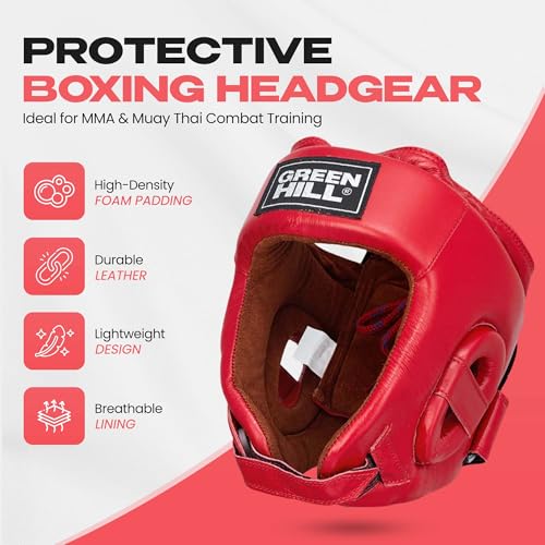Boxing Headgear for Men & Women – MMA & Muay Thai Sparring Gear, Five Star AIBA-Approved Leather Head Guard - color: Red