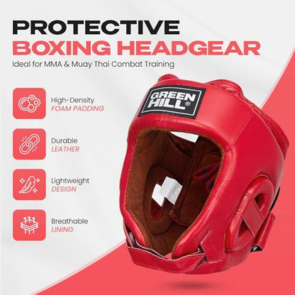 Boxing Headgear for Men & Women – MMA & Muay Thai Sparring Gear, Five Star AIBA-Approved Leather Head Guard - color: Red