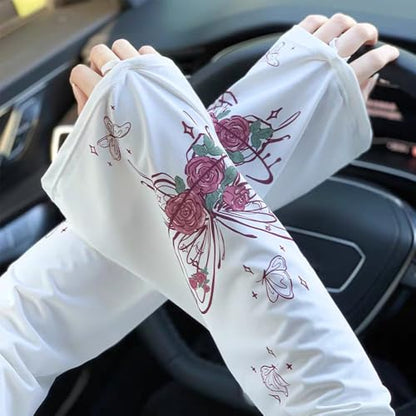 OULIGET Sun Protection Cooling Sleeves,Anti-slip Gardening Arm Sleeves,Loose Large Opening Butterfly Boho UV Cover for Women - color: Red
