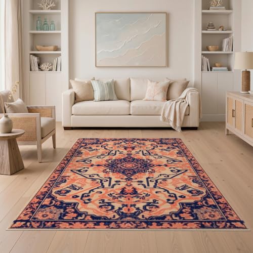 5'x7' Beige Navy Coral Boho Medallion Prayer Washable Area Rug - color: Beige/Pattern 7, size: 5' x 7' (Rectangular)