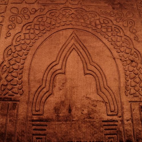Prayer Rug - Soft Plush Turkish Janamaz Sajada Carpet for Men and Women - Plain Solid Prayer Mat Ramadan Eid Gift with Prayer Beads - Luxury Floral Stamp, Brown - color: Brown