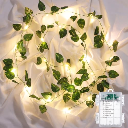 Vines with Lights Battery Operated, 6.56ft 20 LED Pothos with Fairy Lights, Leaf Lights with 8 Modes, Fake Vines Ivy String Lights for Bedroom, Wall, Room, Garden, Party Decor, 1 Pack - color: Pothos, size: 1 PACK x 6.56 FT
