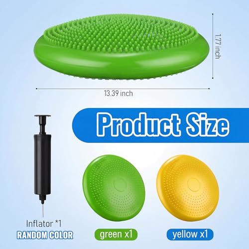 Outus 2 Pcs Balance Disc Inflated Wobble Cushion for Sensory Kids 13. 4 Inch Wiggle Seat Flexible Seating with Hand Pump for Kids Men Women Classroom Exercise Office Home Chair - color: Yellow, Green