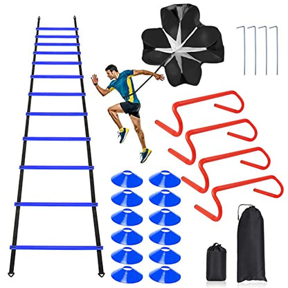 Speed & Agility Ladder Training Equipment Set, Includes 12 Rung 20ft Agility Ladder, 4 Agility Hurdles,12 Disc Cones, 1 Resistance Parachute for Training Football Soccer Basketball Athletes - color: blue