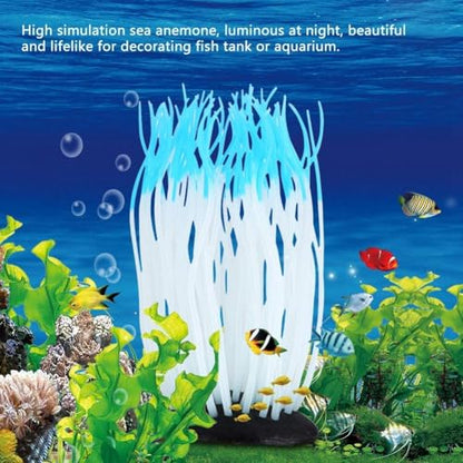 Lifelike Silicone Sea Anemone Aquarium Decor, Glowing Artificial Ornament with Suction Cup for Fish Tank, Blue