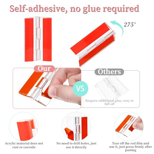 10 Pcs Self-Adhesive Clear Plastic Hinges 65x40mm Acrylic Small Hinges for Crafts Aquarium Lid Hinge Clear Foldable Hinge Tools for Cabinet Glass Furniture Display Stand